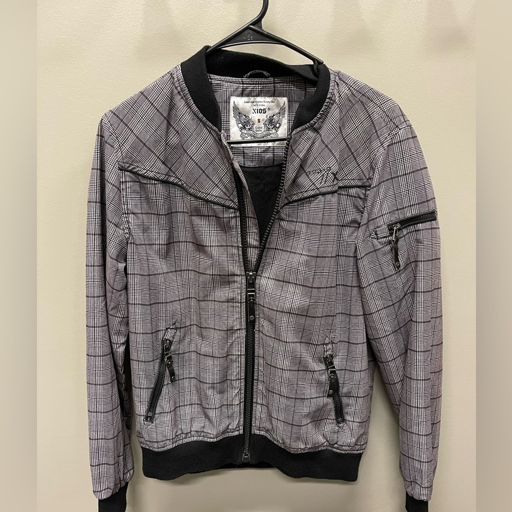 Men's Black and Gray Plaid Bomber Jacket